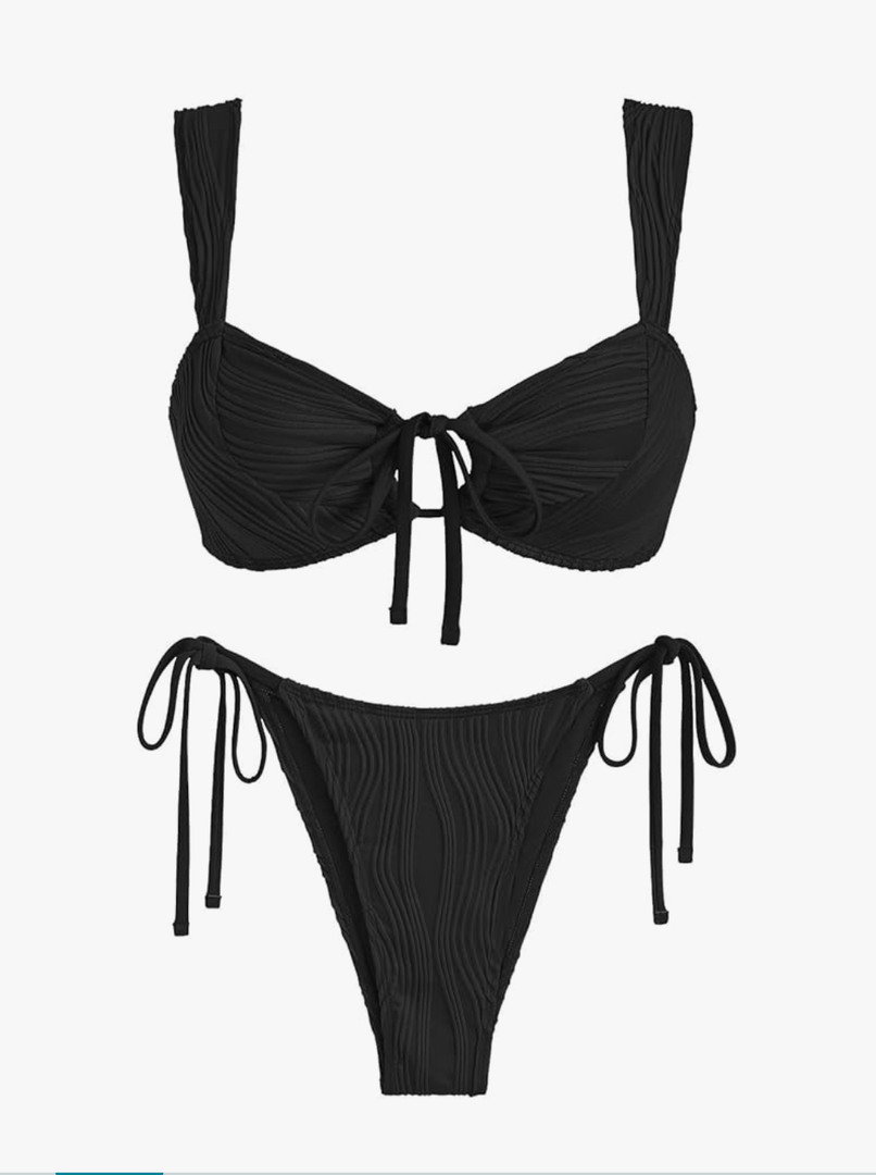 ZAFUL Women's Cinched Bikini Solid Color Wave Textured Knotted Tied Side Two Piece Swimsuit Bathing Suits size L