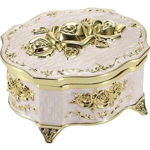 ELLDOO Vintage Music Box, Beige Metal Musical Jewelry Box Keepsake Box, Small Trinket Storage Organizer Jewelry Storage Box Gift for Girl Women (Tune: You are My Sunshine)
