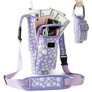 Carrier Bag with Phone&Flap Pockets for Stanley 40/ 30oz Tumbler with Handle, Insulated Neoprene Cup Holder Carrier Bag w/ Shoulder & Handheld Strap Fits Stanley Cup Accessories (Purple Daisy, 40oz)