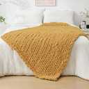 Bigacogo Chunky Knit Throw Blanket for Couch, 40x60 inches, 100% Hand Knitted with Thick Jumbo Chenille Yarn, Cozy Soft Large Rope Knot Cable Crochet Blankets for Sofa Bed Living Room, Mustard Yellow