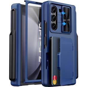 For Samsung Galaxy Z Fold 5 Case & S Pen Holder & Hinge Protection & Camera Cover, Built-in Card Holder & Screen Protector, Durable Multifunctional Wallet Phone Case for Z Fold 5 2023, Blue