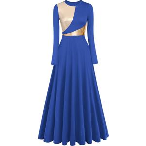 Women Metallic Bi Color Liturgical Praise Dance Dress Long Sleeve Lyrical Dancewear Church Maxi Robe Worship Costume (Small, # Royal Blue + Gold)