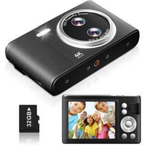 Digital Camera for Kids, 48MP FHD 1080P Autofocus Camera with 16x Zoom, Anti Shake Compact Point and Shoot Camera with 32GB Card for Beginners, Black