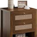 Rattan Night Stand with Drawers - Boho Nightstand with Charging Station, Bedside Table with Storage Shelf, Accent Side Table End Tables Living Room, Wood Nightstands for Bedroom, Walnut