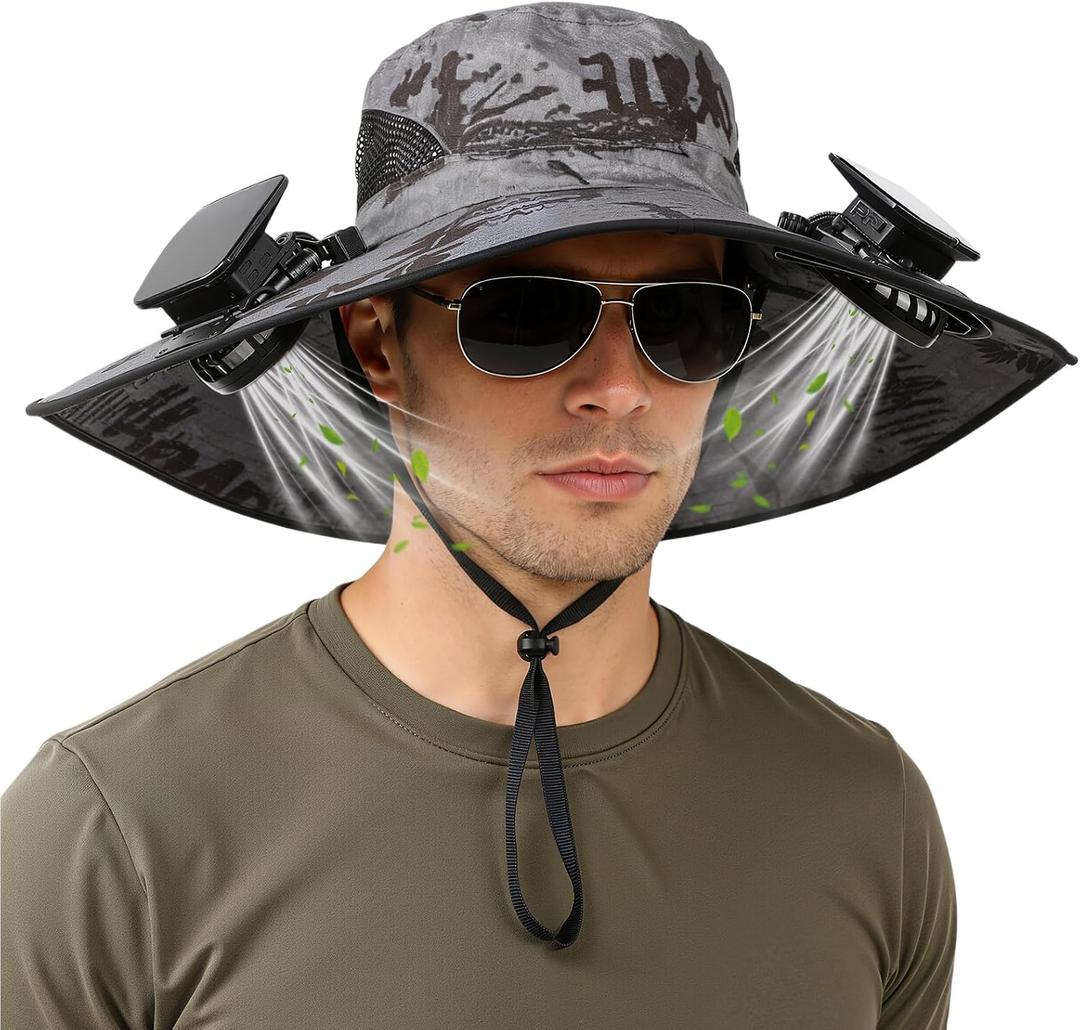 Hat with Fans Solar Power, UPF 50+ Wide Brim Sun Hat, Fishing Essentials for Hiking Beach Summer Safari