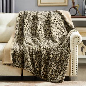 DREAMNINE Luxury Brown Leopard Print Faux Rabbit Fur Blanket for Couch 50" x 60", Decorative Soft Cozy Fluffy Cheetah Microfiber Blankets, Warm Blanket for Winter,Animal Print Thick Fuzzy Lap Blankets