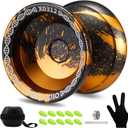 YOYOSTUDIO X0312 Unresponsive Finger Spin Yoyo Professional, Responsive Yoyo for Adults Kids, Trick Yoyos Professional with Yo Yo Bearing Kit, 10 YoYo Strings, Case & Glove (Black Gold Blue)