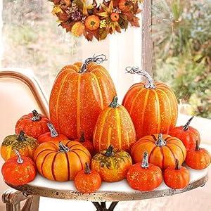 Ywlake 16 Pcs Assorted Sizes Artificial Pumpkins, Large Black Fake Pumpkin Fall Decor for Autumn Harvest Thanksgiving Halloween Decoration Faux Pumpkins for Outdoor Decorating