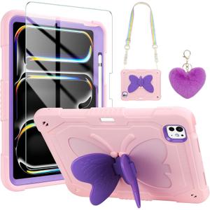 WESADN for iPad Pro 11 Inch case 2024 M4 for Kids Girls with Screen Protector Butterfly Kickstand Lanyard Keychain Pencil Holder Rugged Protective Cover for iPad Pro 11 Case 5th Generation Pink Purple