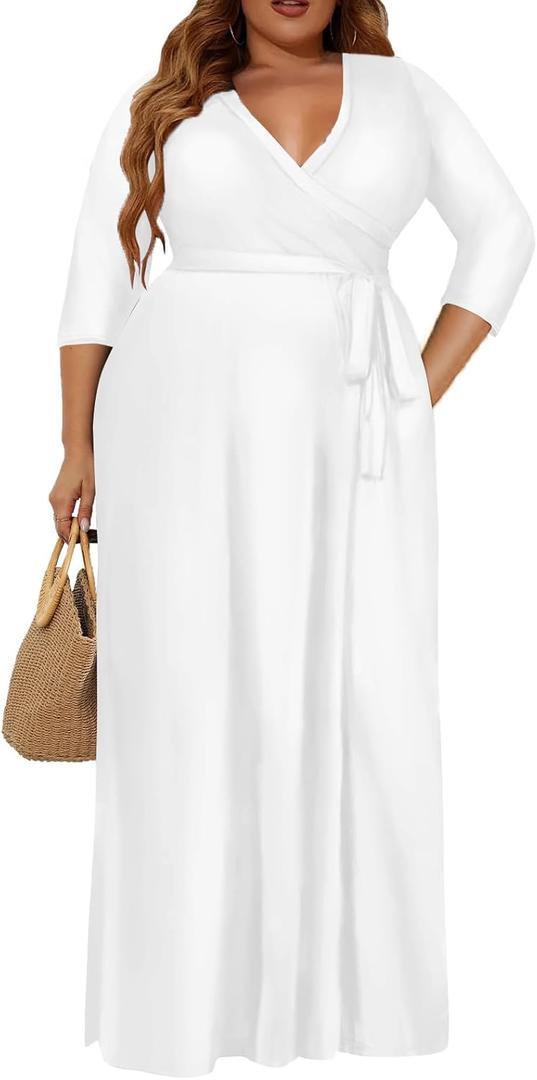 Milloud Plus Size Dress for Women - 3/ 4 Sleeve V-Neck Maxi Dress for Women with Belt and Pockets White 2XL