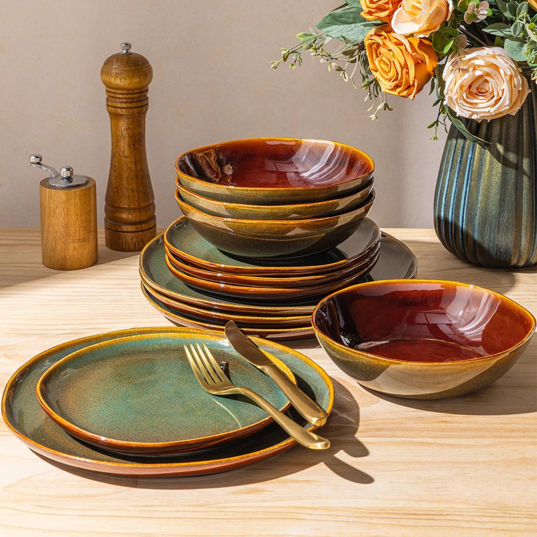 GBHOME Stoneware Dinnerware Sets for 4,12 Piece Rustic Plates and Bowls Set