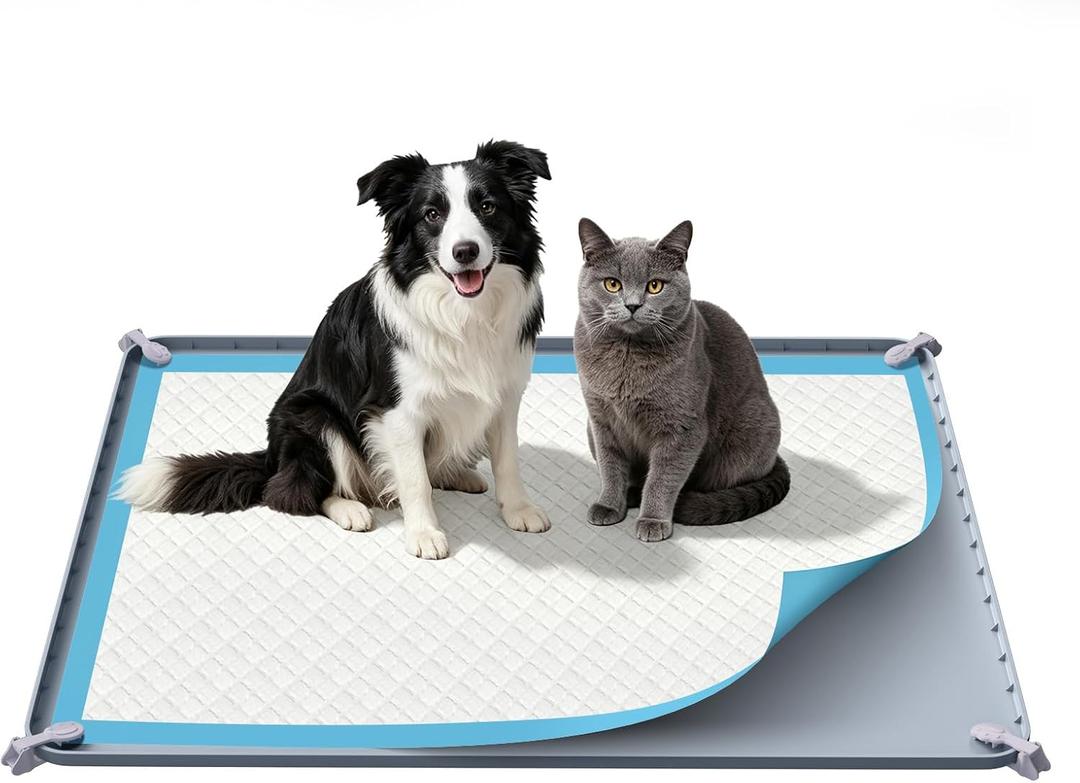 Pee Pad Holder, 28×34 Inch Thickened Silicone Dog Pee Pad Holder Tray, Non Slip Raised Edge Anti Spill Puppy Pad Holder with 4 Fixed Clamps, Easy Cleaning Floor Protection for Puppy Potty Training