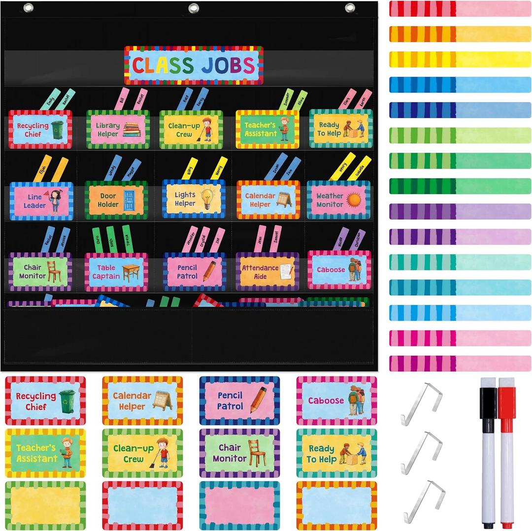 SpriteGru Class Jobs Pocket Chart, 1 Pocket Chart+83 Erasable Cards+3 Metal Hooks+2 Markers, Teachers Helper for Classroom Home School Bulletin Board (24.6 x 26, Black)