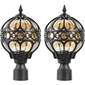 2 Pack Outdoor Globe Lamp Post Light Fixtures, 15.8" Black Sphere Post Top Lantern for Patio, Porch, Driveway, Hardwired Anti-Rust Aluminum Pillar Light with Amber Glass, Fits Standard 3" Post