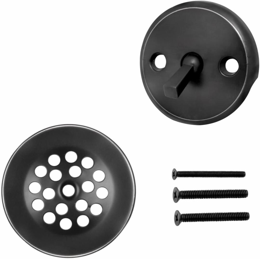 Trip Lever Bathtub Drain Kit with Strainer  2-Hole Overflow Faceplate, Matching Screws  Tub Drain Trim Replacement Set for Bathroom Bathtubs (Matte Black)