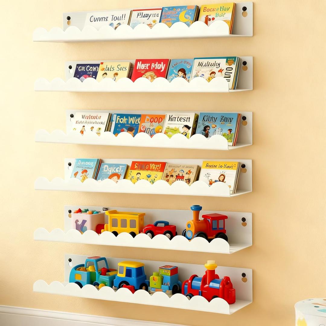 Nursery Book Shelves Set of 6, White Metal Floating Shelves for Wall, 16 Inch Scalloped Book Shelf for Kids Room, Bathroom, Bedroom, Playroom Wall Decor & Storage
