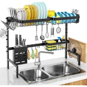 MERRYBOX Over The Sink Dish Drying Rack, 2-Tier Adjustable Length (25.6-33.5in), Stainless Steel Dish Drainer with Cutting Board Holder, Large Dish Rack for Kitchen Counter Organizer Space Saver (Black)