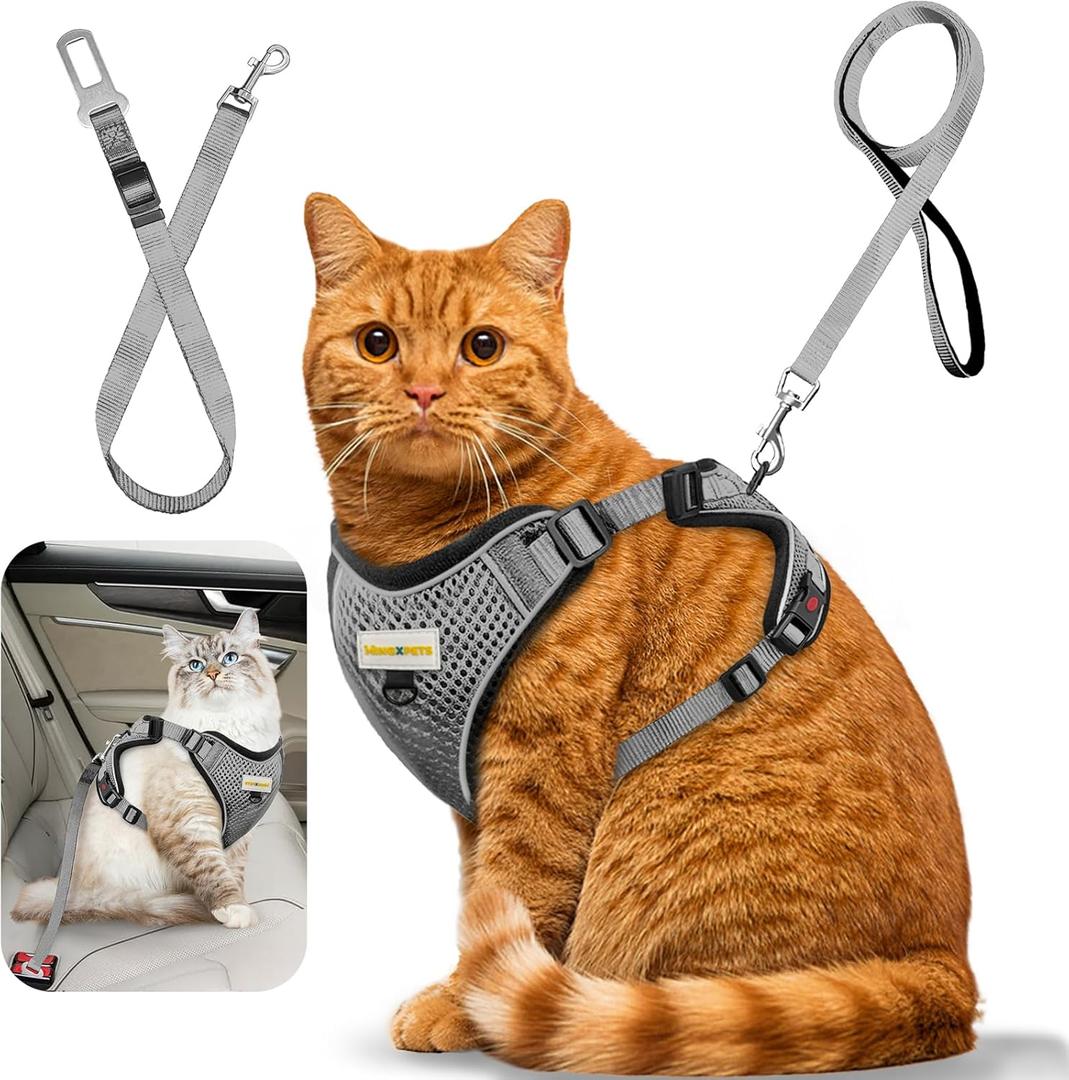 Cat Harness and Leash for Walking, Retractable Cat Harnesses and Leash Set Escape Proof, Breathable Soft Kitten Small Large Harness for Travel Training and Walking, Grey, S (S(chest:11.1"-18.1"))