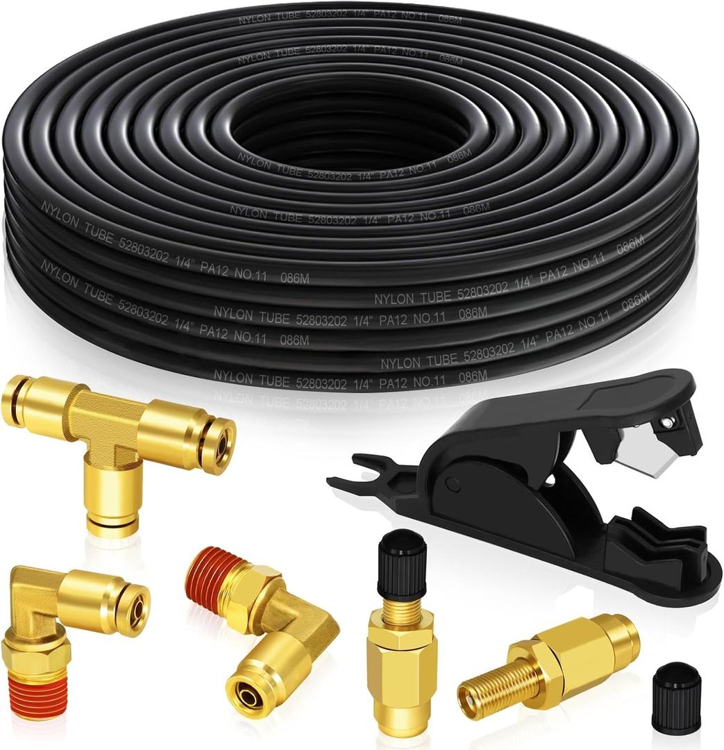 Air Line Service Replacement Kit for Air Bags Suspension,1/4" Air Line 32.8 FT PA Hose Tubing,1/4" Union Tee Elbow DOT Air Push To Connect Fittings, Schrader Valve (1/4)