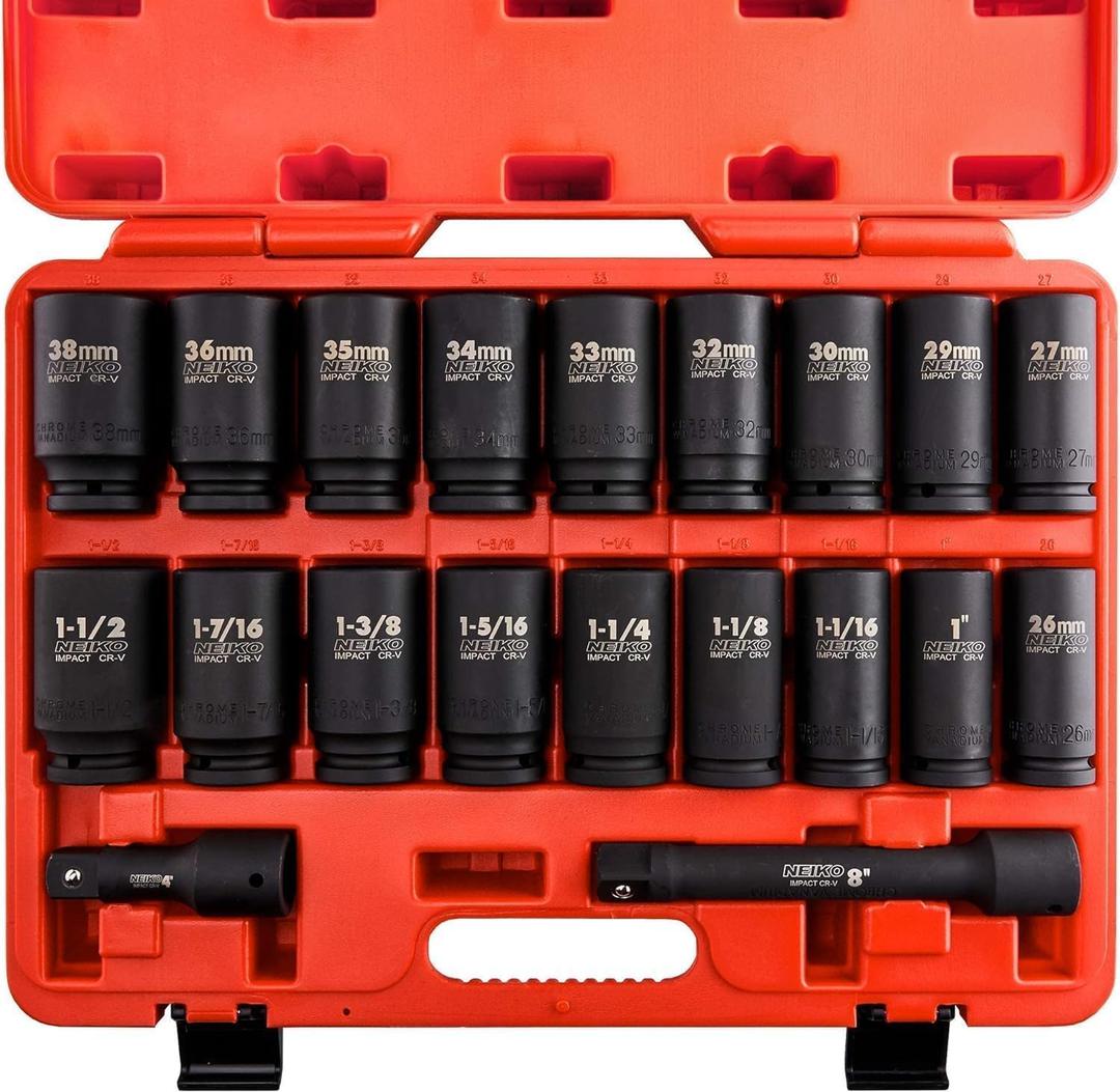 NEIKO 02347A 3/4-Inch Drive Socket Set, Master 20-Piece SAE and Metric Socket Set, SAE 1" to 1 1/2" and Metric 26 to 38 mm, Extension Bars Included