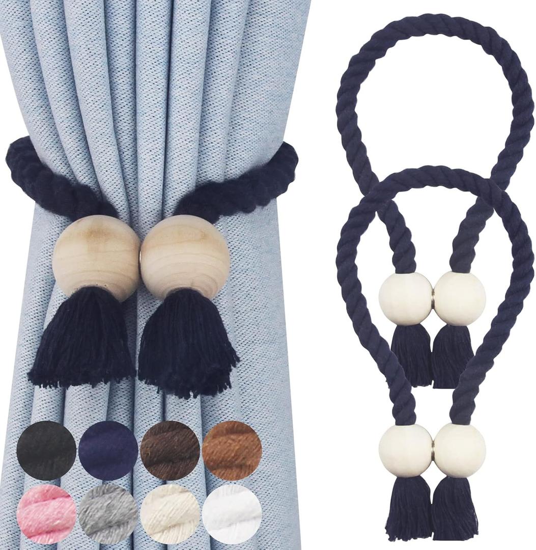2 Pack Magnetic Curtain Tiebacks Cotton Hand Woven Tie Back Decorative Rope Holdbacks for Curtains Draperies No Tools Required, Navy