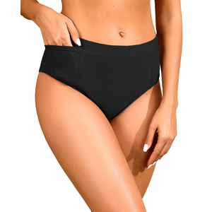 Tempt Me Mid Waist Bikini Bottoms-Full Coverage Bathing Suit Bottom with Pockets M