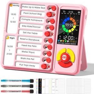 ADHD Tool for Kids, 5-in-1 Visual Timer with Chore Chart Board, Visual Schedule for Kids, 12/24 Task Timer with 99'59'' Countdown/Countup, 5 Alarms, Silent Operation Visual Schedule for Autism - Pink