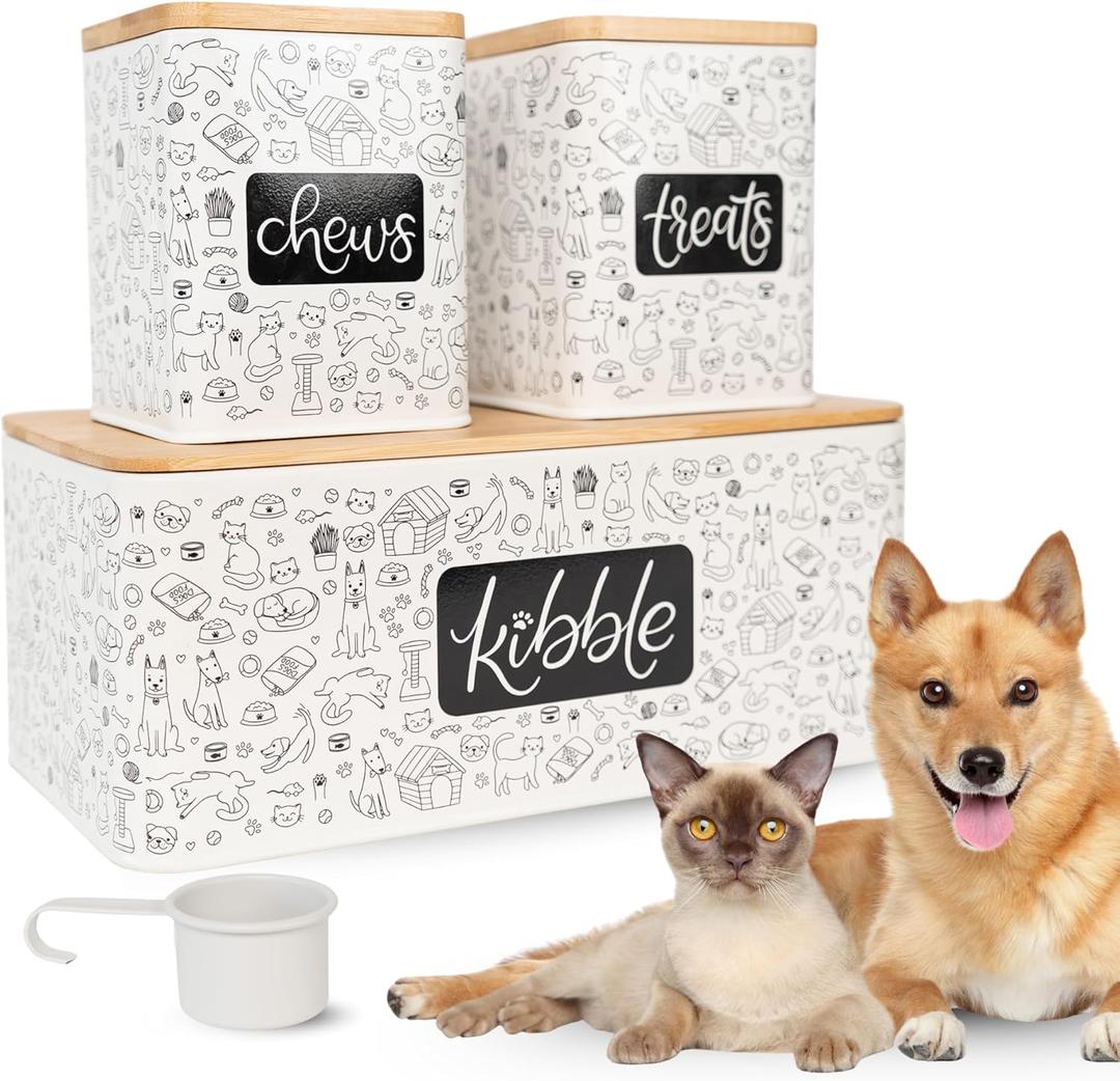 A&N Essentials 3-Piece Pet Food Storage Container Set Airtight Galvanized Steel with Bamboo Lids Holds Up to 6 lbs Kibble & 6 Cups Treats for Dogs & Cats