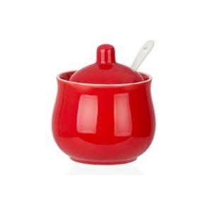 Ceramic Sugar Bowl with Lid and Spoon, Red Porcelain Sugar Salt Pepper Storage Jar, 7 Ounces