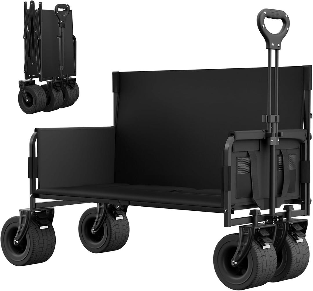 Beach Wagon with Seats, Heavy Duty Wagon Bench Seat Combo with Anti-Collapse Backbar, 2-in-1 Collapsible Lounge Cart for Sand Outdoor Camping, Carbon Steel 500lbs, Black