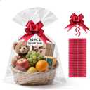 TUXIYA 32 PCS Large Cellophane Bags, 16x24inches Cellophane Wrap for Gift Baskets,Clear Basket Bag with 32 PCS Red Pull Bows