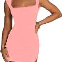 Women's Sexy Summer Sleeveless Tie Waist Back Square Neck Backless Slit Hem Ruched Bodycon Mini Tank Dress L