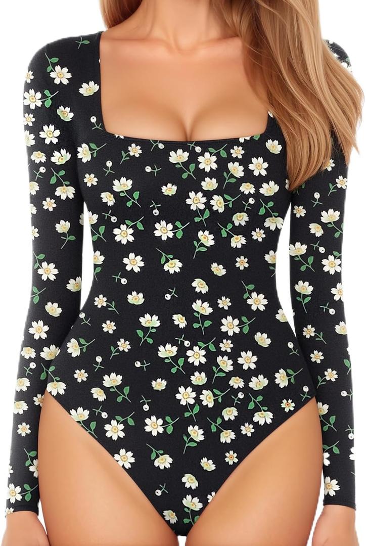 MANGOPOP Women's Square Neck Short Sleeve Long Sleeve Bodysuit Sexy Body Suits Shirt Slim Fitted Tops, X-Large