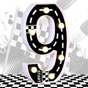 Racing Car Light Up Numbers Checkered Decorations Happy Birthday Light Up Sign Racetrack Inspired Decor Cars Theme Party Decorations Racing Party Supplies (Number 9) (White+Black)