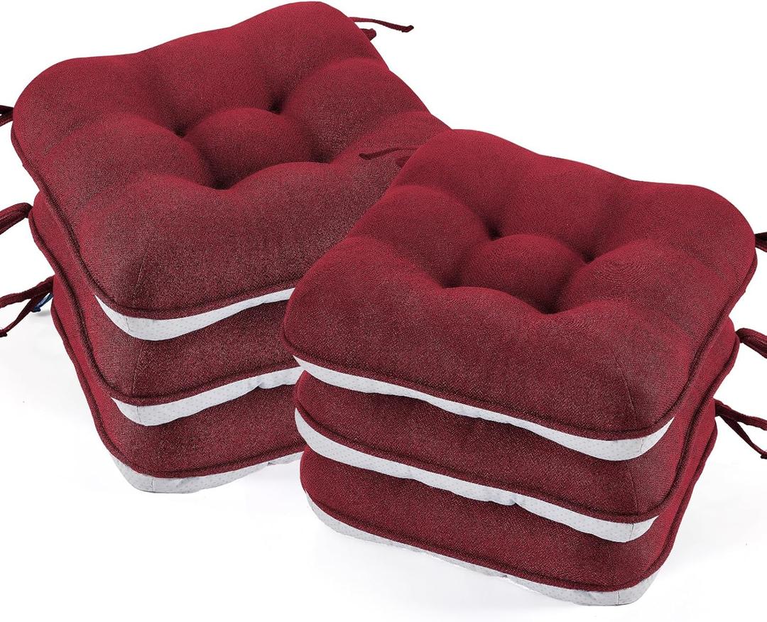 BETU Chair Cushions for Dining Chairs Set of 6,3.5" Thick Kitchen Table Chair Pads with Ties,Non Slip Backing and Covers, Christmas Decor Seat Cushion for Dining Room,Bar,Patio Chairs,16"X16"X3.5",Red