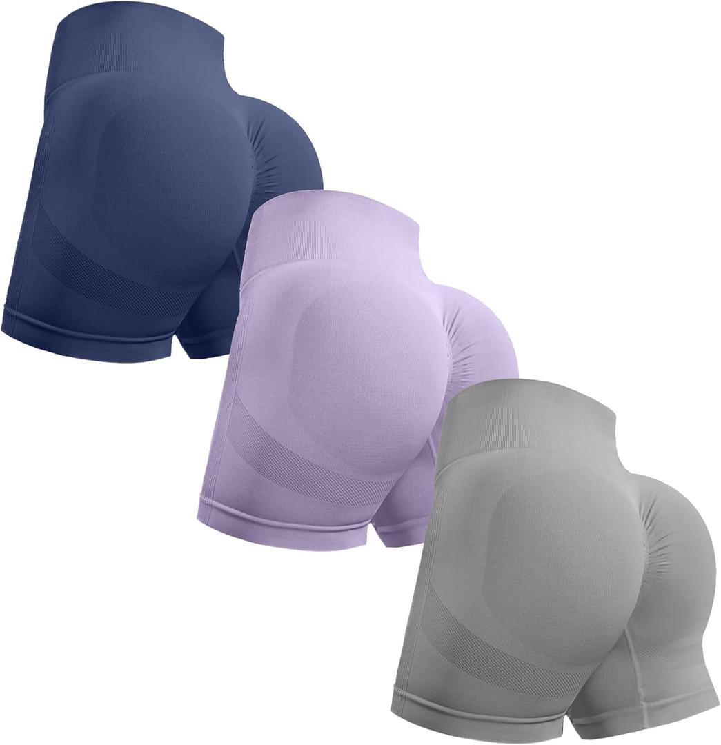 OVESPORT 3 Piece Workout Shorts for Women Seamless Scrunch Butt Lifting High Waisted Yoga Gym Booty Running Short Pants (X-Large, Deep Blue/Light Grey/Light Purple)