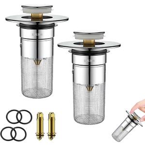 2 Pack Bathroom Sink Drain Strainer, Universal Sink Stopper with Hair Catcher Easy-Clean Pop-Up Stainless Steel Sink Strainer (F36)
