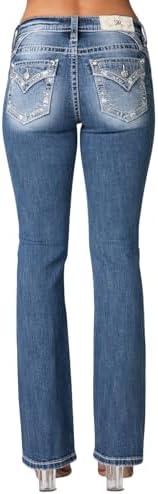 Miss Me Women's Metallic Border Faux Flap Pocket Mid-Rise Bootcut Jeans 30x32 Medium Blue