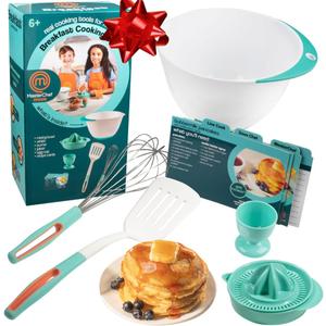 MasterChef Junior Breakfast Cooking Set- 6 Pc Kit w Real Cooking Tools for Kids & Recipes- Includes Spatula, Mixing Bowl, Whisk, Egg Cup, Juicer- Make Pancakes, Crepes & More- Fun Breakfast Essentials