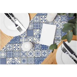 HOSNYE Table Runner Blue White Patchwork Tile in Spanish Style,Cotton Linen Table Runner Decoration for Kitchen Family Dinner Table Holiday Party Farmhouse Style 13 x 72 Inch