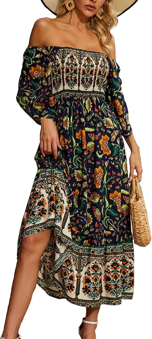 Women's Long Maxi Dress Sexy Off Shoulder Floral Dress Ruffle Short Sleeve Smocked Flowy A Line Boho Dress (Black, XL)