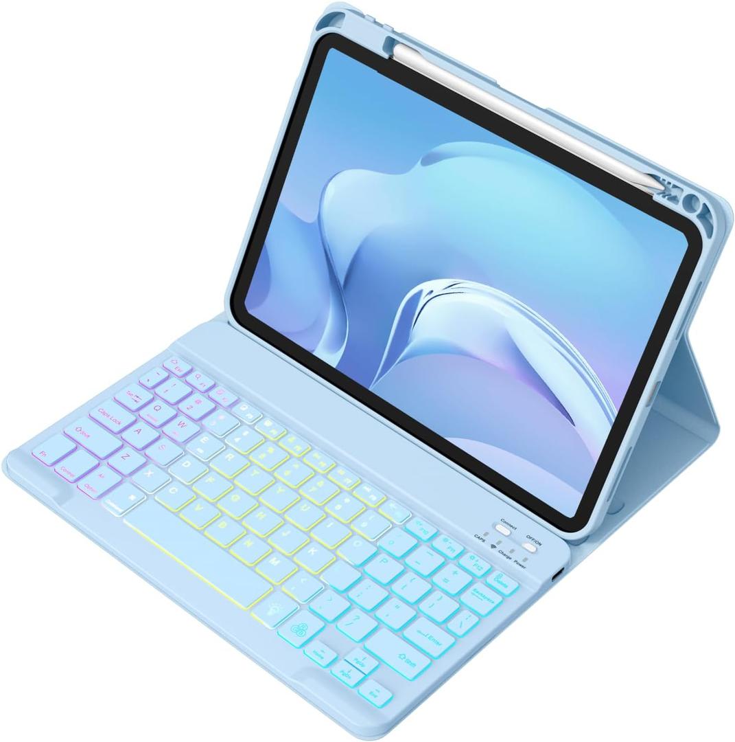 Akkerds for iPad A16 Case with Keyboard - 7 Colors Backlit Keyboard for iPad 10th Generation/iPad Air 11 Inch - Wireless Folio Cover for iPad Air 10.9 Inch/iPad Pro 11 Inch 2022/2021/2020 -SkyBlue