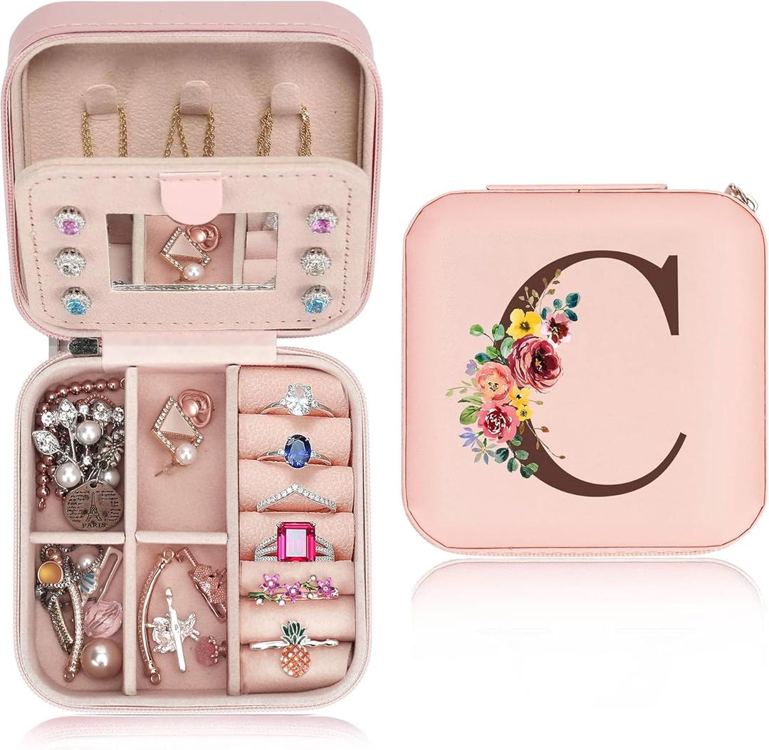 Travel Jewelry Box for Women Girls, Pink Travel Jewelry Box for Jewelry Organizer,Birthday Gifts for Women Christmas Gifts for Girls/Cute personalized traveling jewelry case (Pink-C)