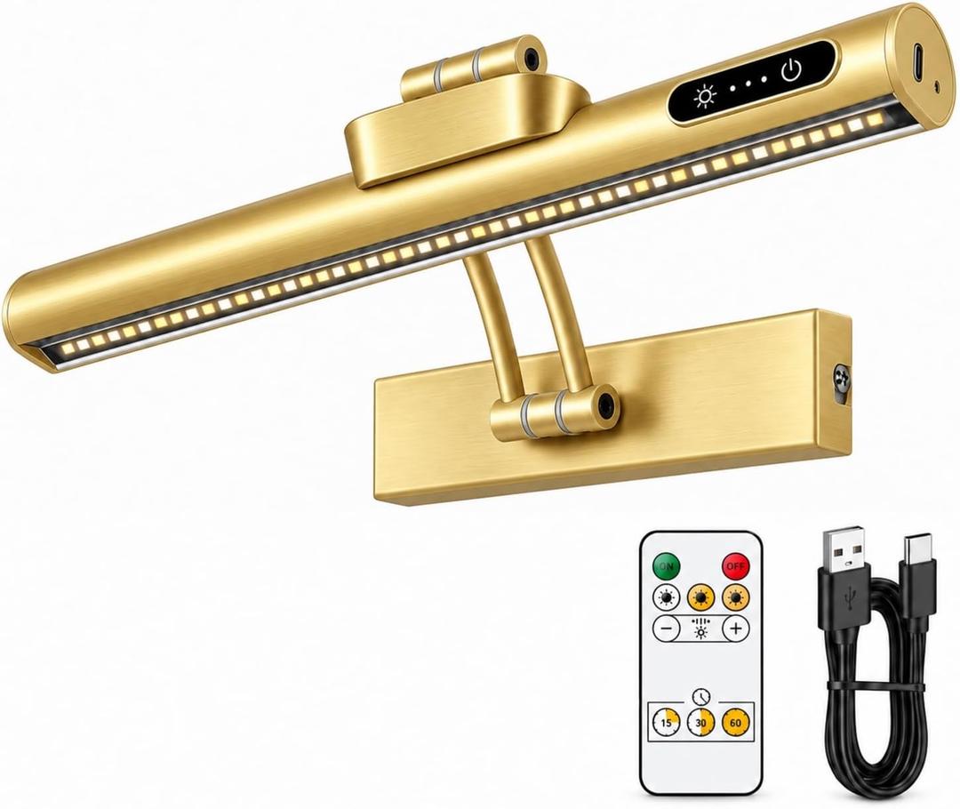 Wireless Picture Light, 16", 4,000mAh Rechargeable Battery, 280lm
10%-100% dimmable, 3 color temperatures: 3000K/4000K/6000K, remote & touch control, magnetic mount for artwork