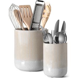 LE TAUCI Utensil Holder for Kitchen Counter, 7.3"+5.4" Fluted Ceramic Utensil Crock Organizer for Countertop, Heavy Large Holder for Spatulas, Spoons, Set of 2, Gray Marble