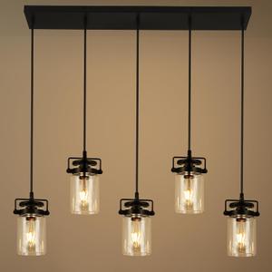 Pendant Lighting for Kitchen Island, Dining Room Light Fixture Black, 5-Light Hanging Linear Chandeliers with Clear Glass Shade Farmhouse Chandeliers for Dining Room(E26 Bulb Base)