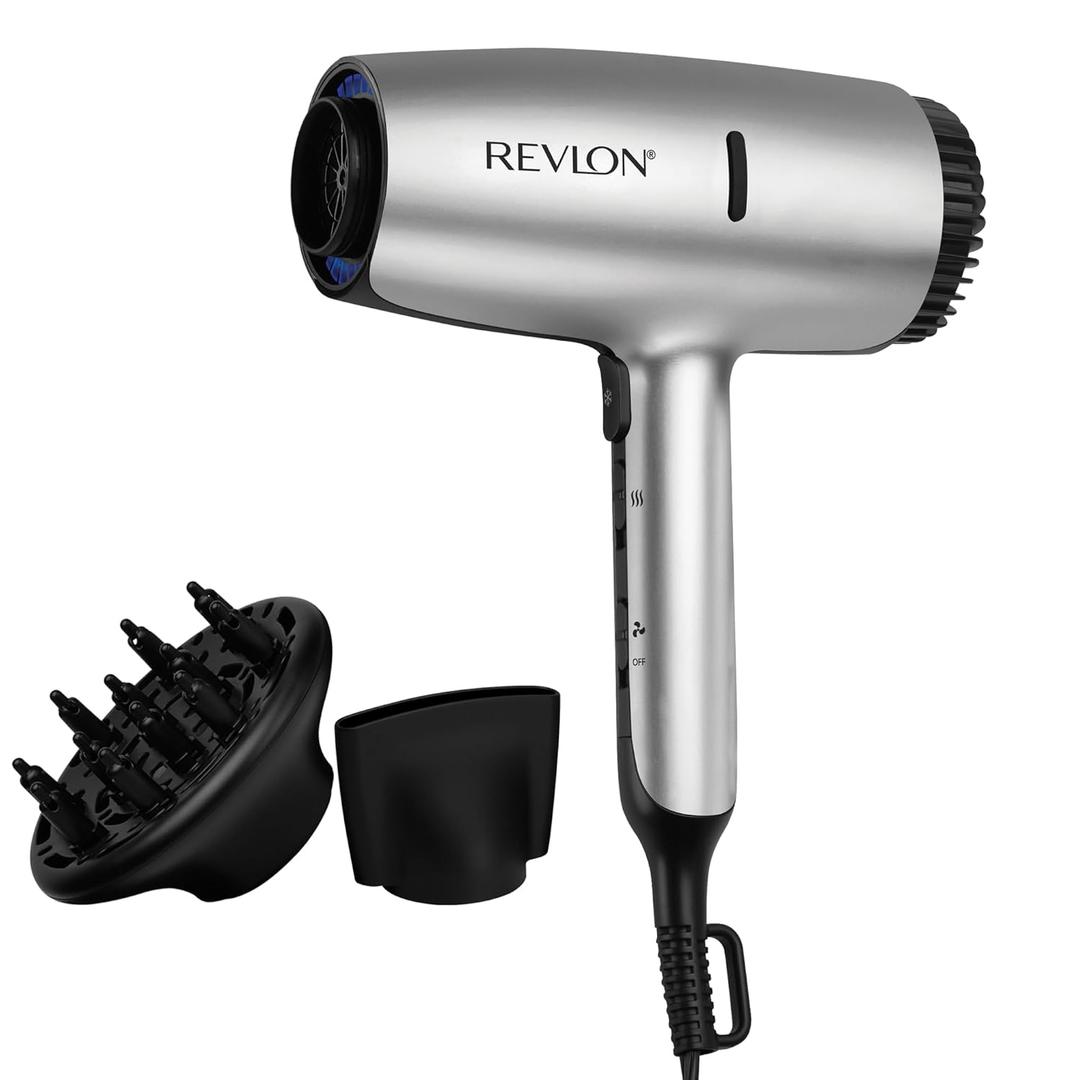 REVLON Dry Max Hair Dryer with Diffuser for Natural Curls| Prevents Frizz, Speeds Drying Time, and Reduces Damage, Plus Concentrator for Precise Styling, 1875 Watts (Silver)