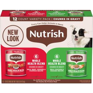 Nutrish Whole Health Blend Chunks in Gravy Variety Pack Wet Dog Food, 13 oz. Can, 12 Count (Rachael Ray) Best By 01/05/28