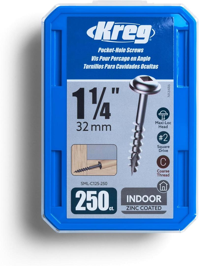 Kreg SML-C125-250 Zinc Pocket Screw - 1 1/4 Inch #8 Coarse Thread - Maxi-Loc Head - 250 Count