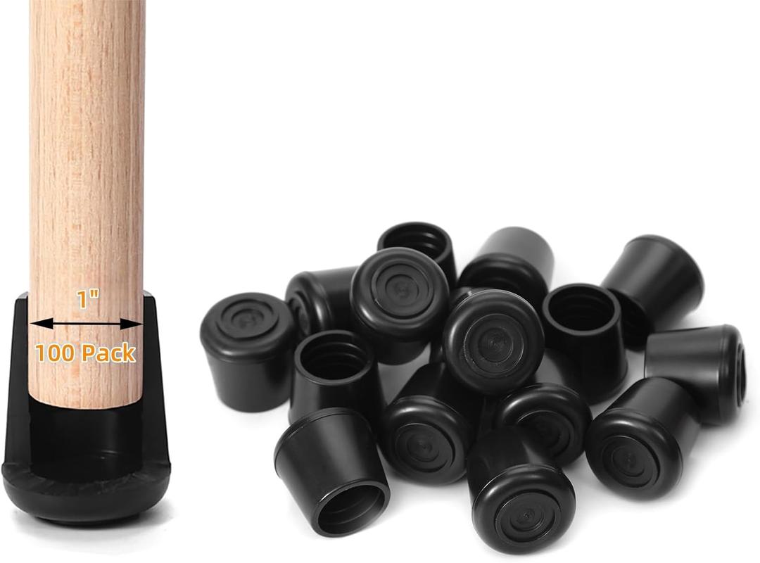 Chair Leg Tips Caps Non-Slip Rubber Leg Tips 1 Inner Diameter Furnigear -Black Chair Leg Floor Protectors Round, 100 Pack
